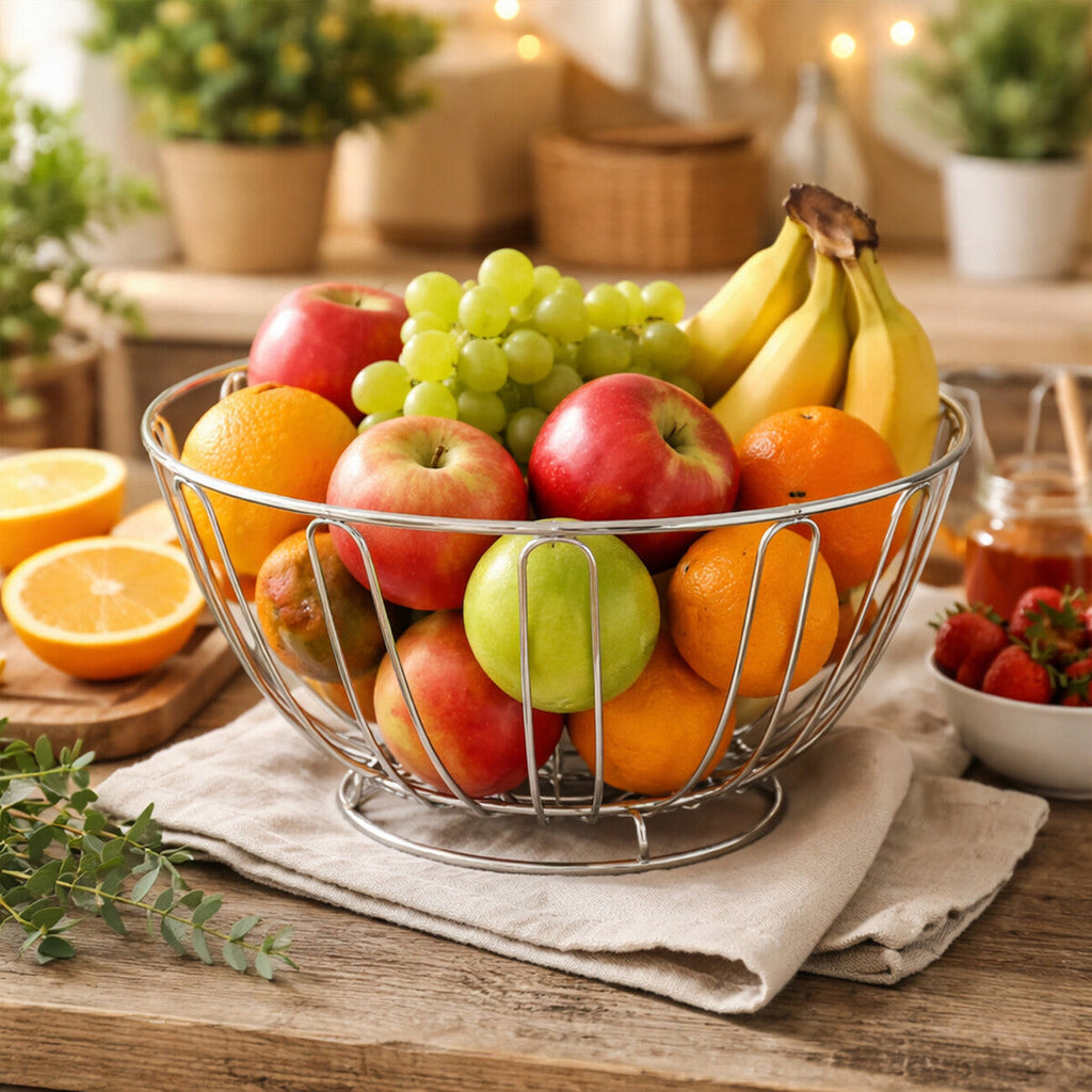 Orsina Avalon Chrome Round Fruit Basket – Modern Wire Produce Bowl