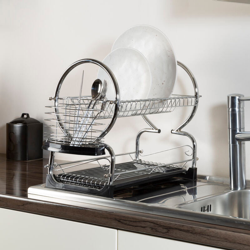 Orsina Laurie 2-Tier Dish Drainer – Chrome Drying Rack with Black Tray