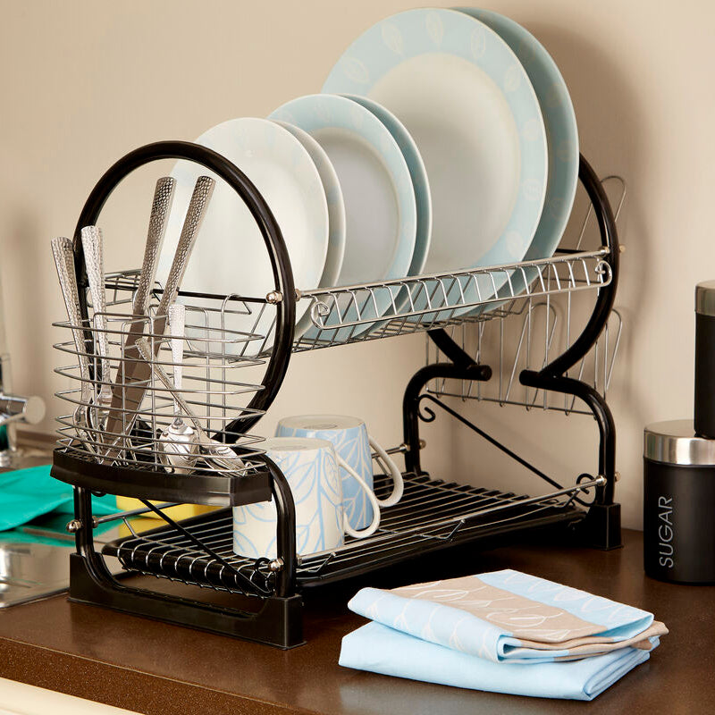 Orsina 2-Tier Dish Drainer – Black Enamel Coated Kitchen Drying Rack