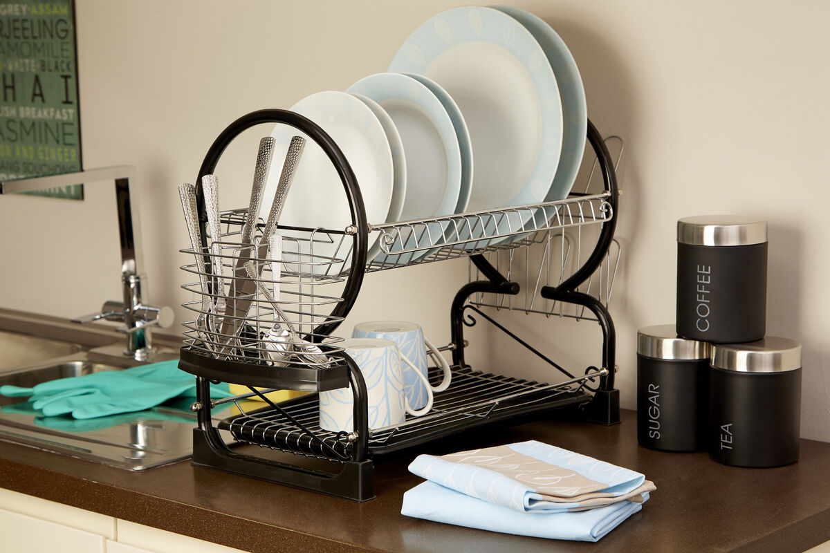 Orsina 2-Tier Dish Drainer – Black Enamel Coated Kitchen Drying Rack