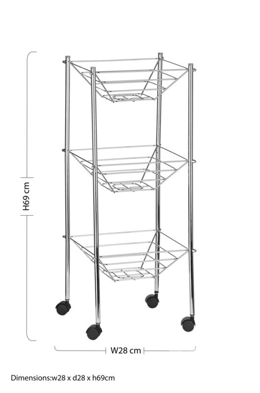 Orsina Mara 3-Tier Rolling Storage Cart – Silver Metal Utility Trolley