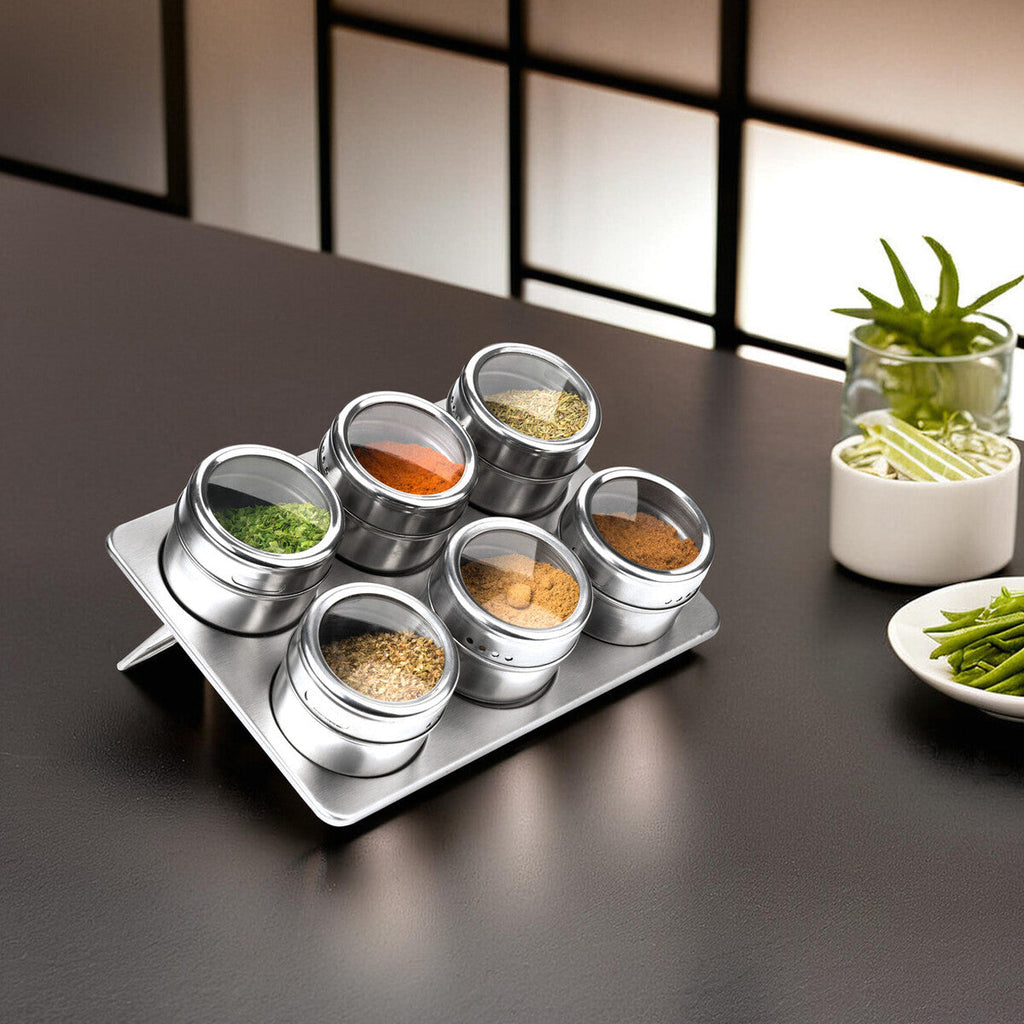 Orsina Magnetic Spice Jars with Oblong Tray – Stainless Steel Set