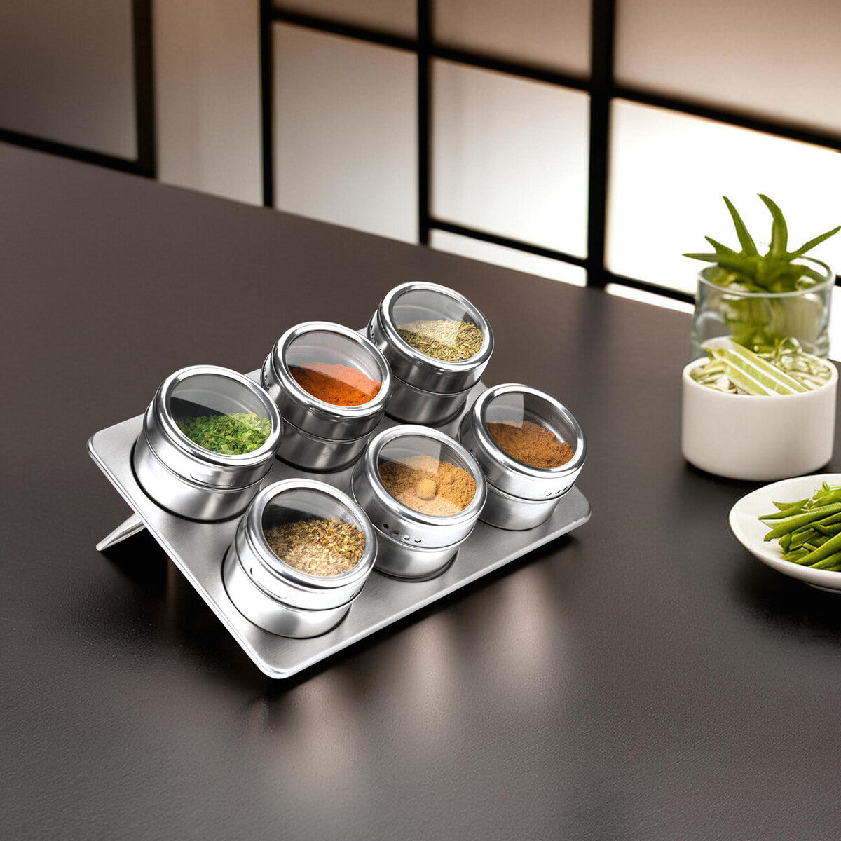 Orsina Magnetic Spice Jars with Oblong Tray – Stainless Steel Set