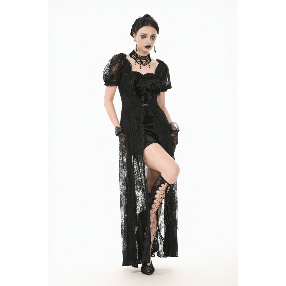 Dark in Love Morwenna Black Lace Gothic Maxi Dress with Train