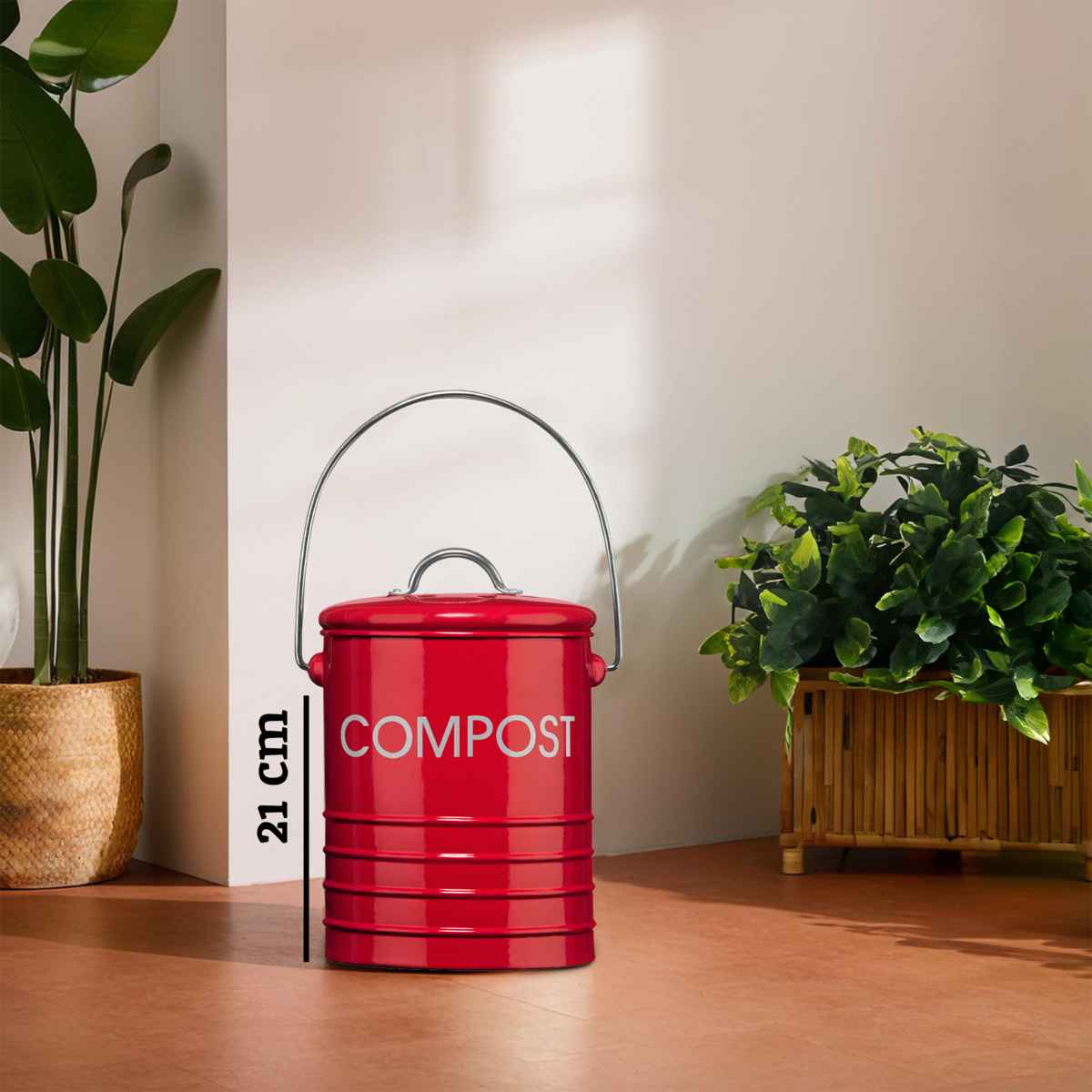 Orsina Red Metal Kitchen Compost Bin with Odour Filter and Handle