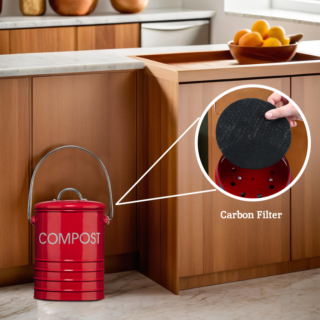 Orsina Red Metal Kitchen Compost Bin with Odour Filter and Handle