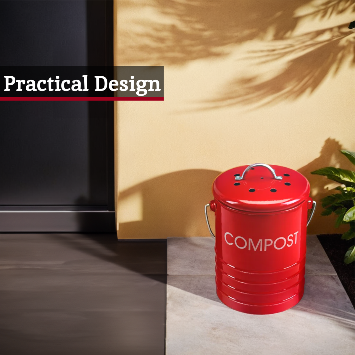 Orsina Red Metal Kitchen Compost Bin with Odour Filter and Handle