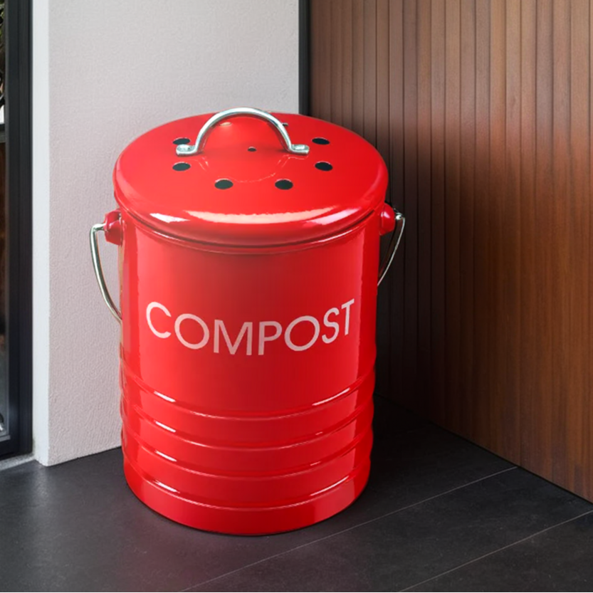 Orsina Red Metal Kitchen Compost Bin with Odour Filter and Handle