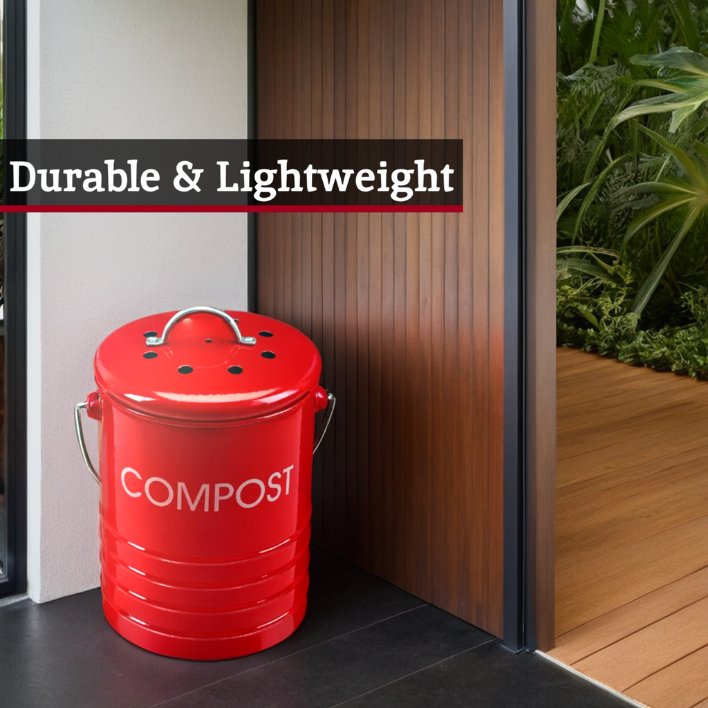 Orsina Red Metal Kitchen Compost Bin with Odour Filter and Handle