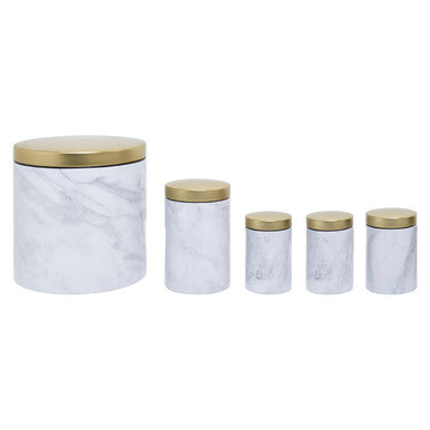 Orsina 5-Piece Kitchen Storage Set – White Marble & Gold Metal Canisters
