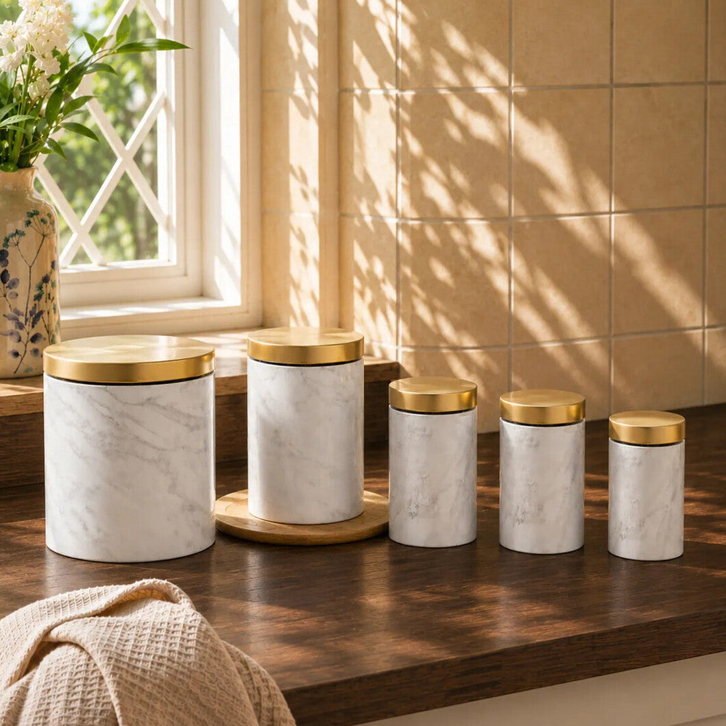 Orsina 5-Piece Kitchen Storage Set – White Marble & Gold Metal Canisters