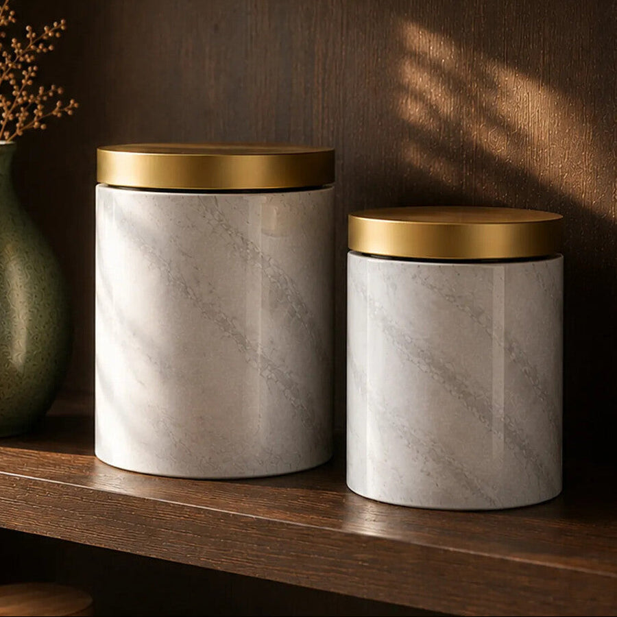 Orsina 5-Piece Kitchen Storage Set – White Marble & Gold Metal Canisters