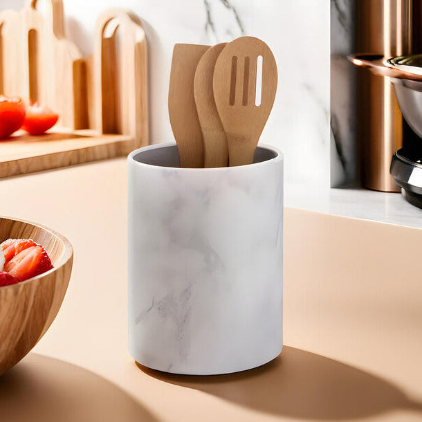 Orsina White Marble Effect Utensil Holder – Stainless Steel Kitchen Pot