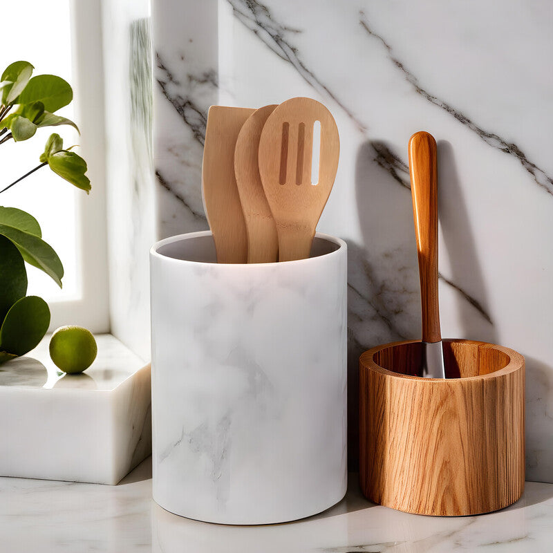 Orsina White Marble Effect Utensil Holder – Stainless Steel Kitchen Pot