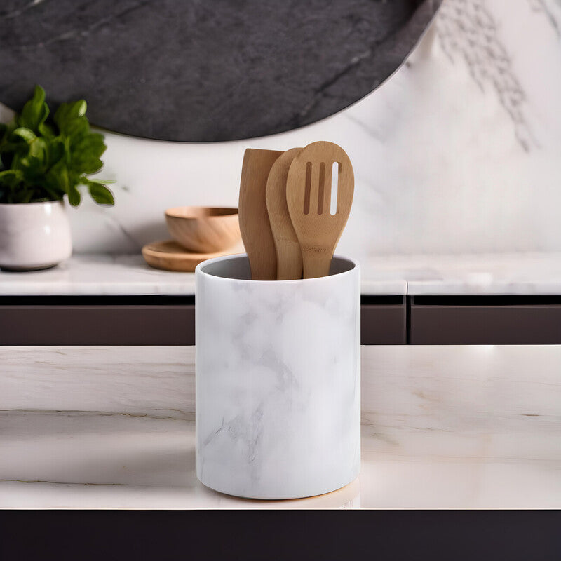 Orsina White Marble Effect Utensil Holder – Stainless Steel Kitchen Pot