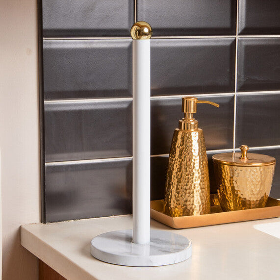 Orsina Kitchen Roll Holder – White Marble Effect and Gold Metal