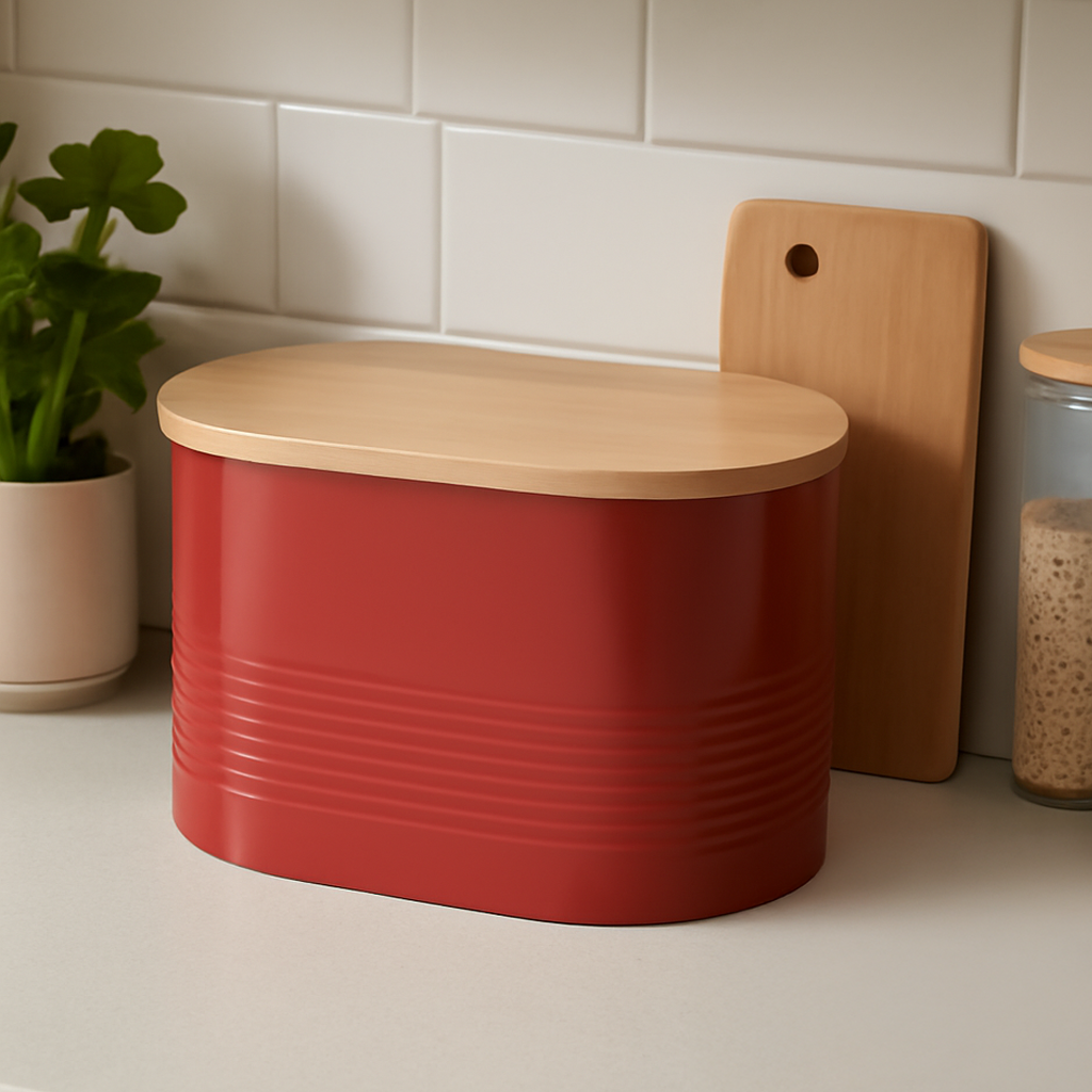 Orsina Alton Red Bread Bin – Modern Oval Countertop Kitchen Storage