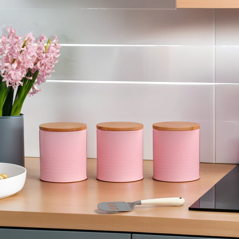 Orsina Alton Pink Kitchen Canisters – Set of 3 with Bamboo Lids