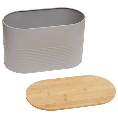 Orsina Alton Grey Bread Bin – Oval Metal Storage with Bamboo Lid