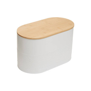 Orsina Alton White Bread Bin – Oval Metal Storage with Bamboo Lid