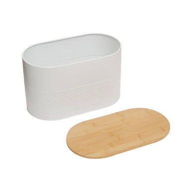 Orsina Alton White Bread Bin – Oval Metal Storage with Bamboo Lid