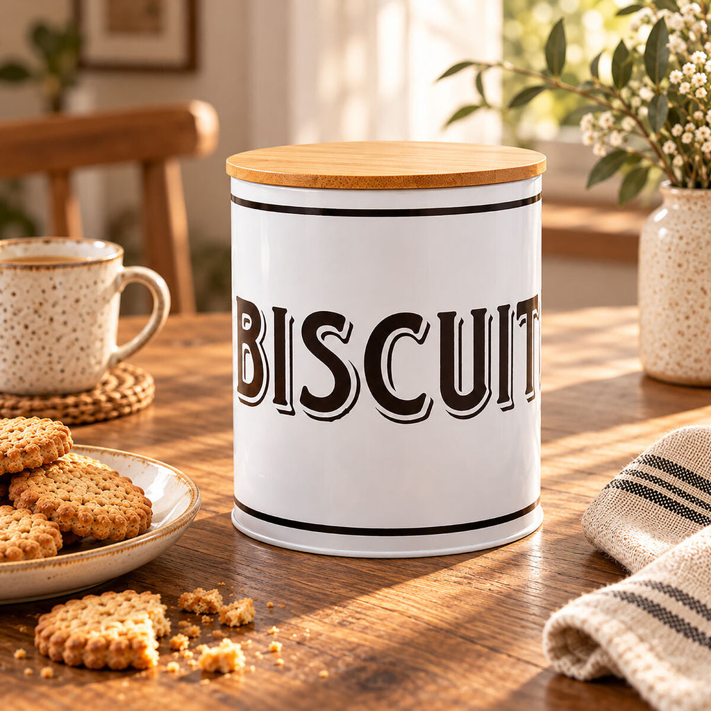 Orsina White Metal Biscuit Canister – Airtight Cookie Storage Jar