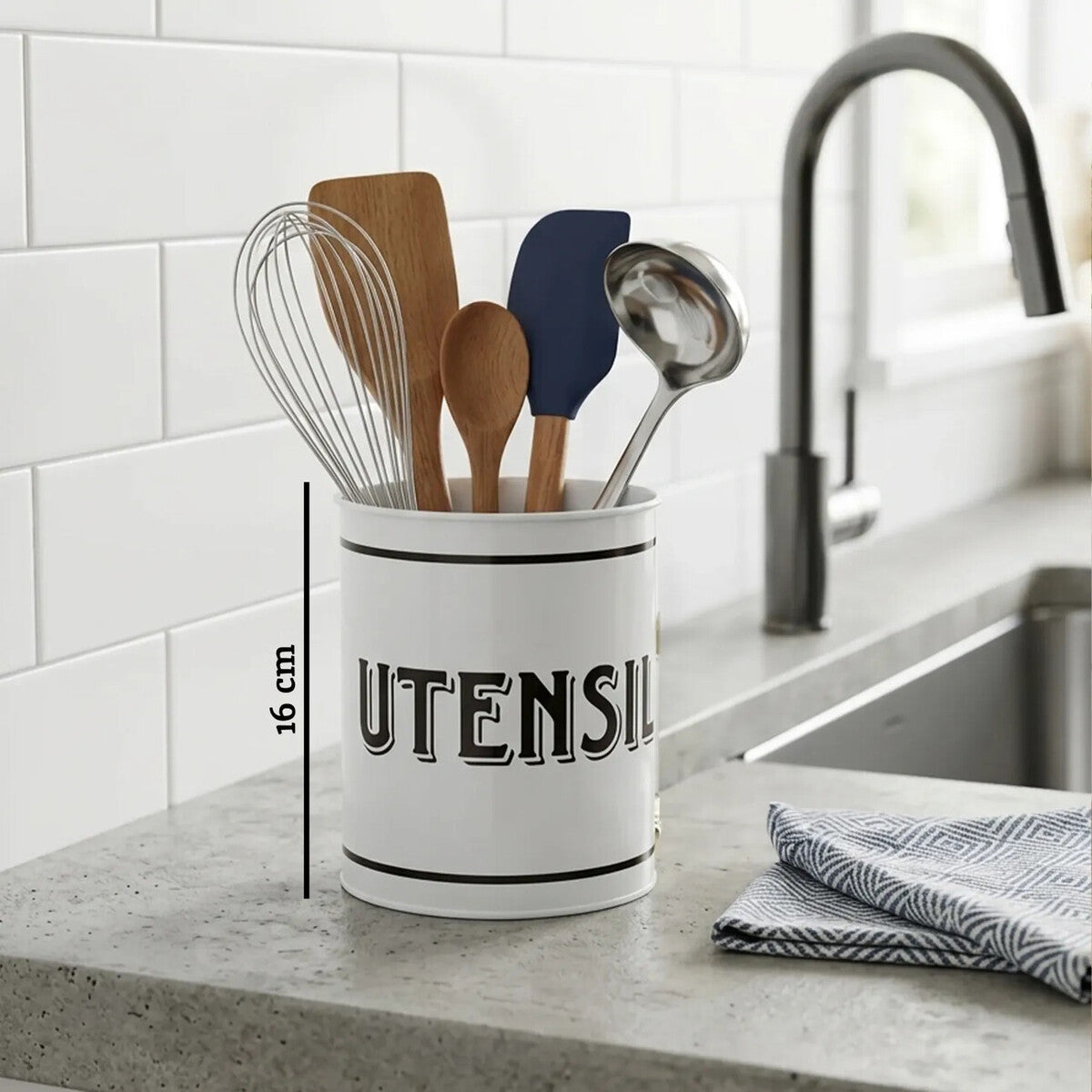 Orsina White Metal Utensil Holder – Tall Round Kitchen Organizer