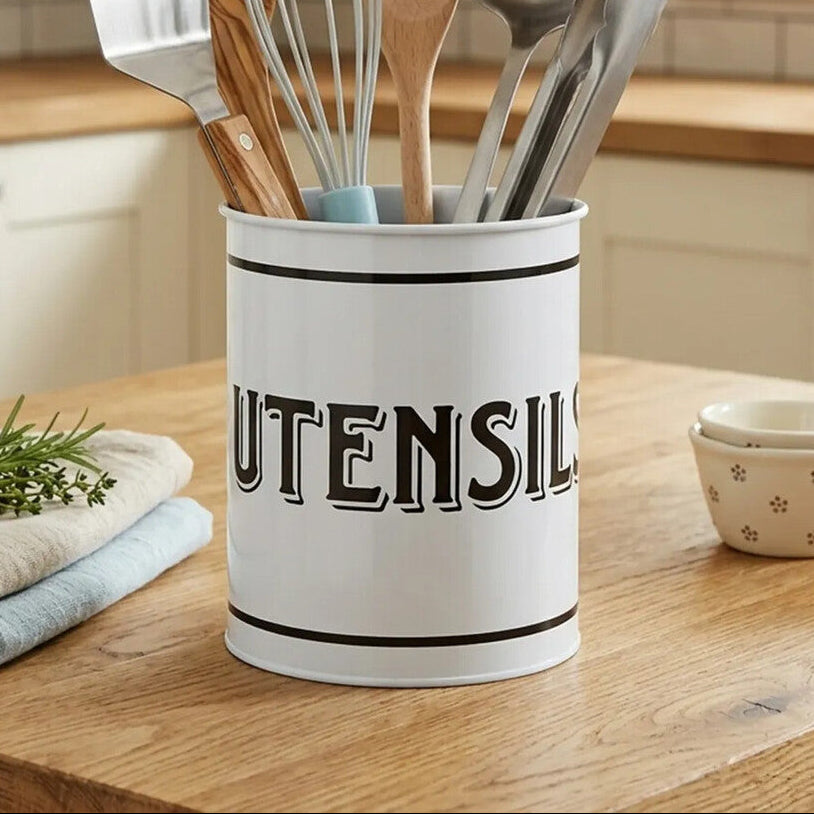 Orsina White Metal Utensil Holder – Tall Round Kitchen Organizer