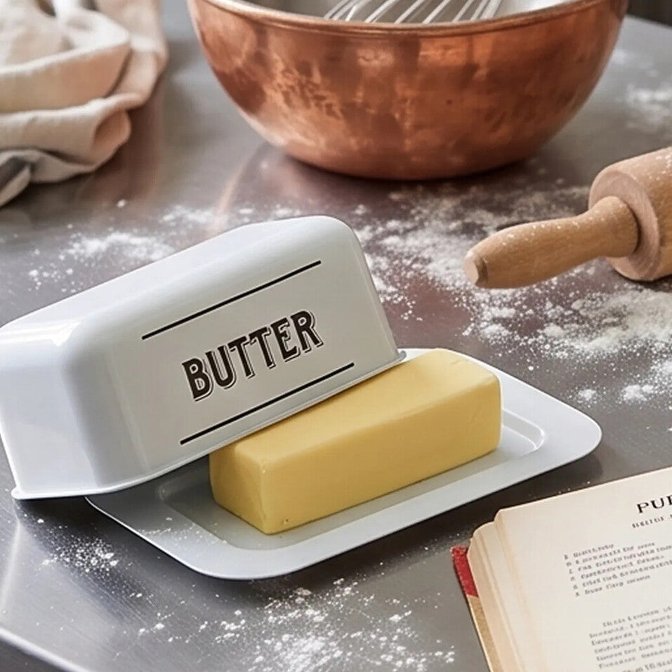 Orsina White Metal Butter Dish – Farmhouse Style Rectangular Holder
