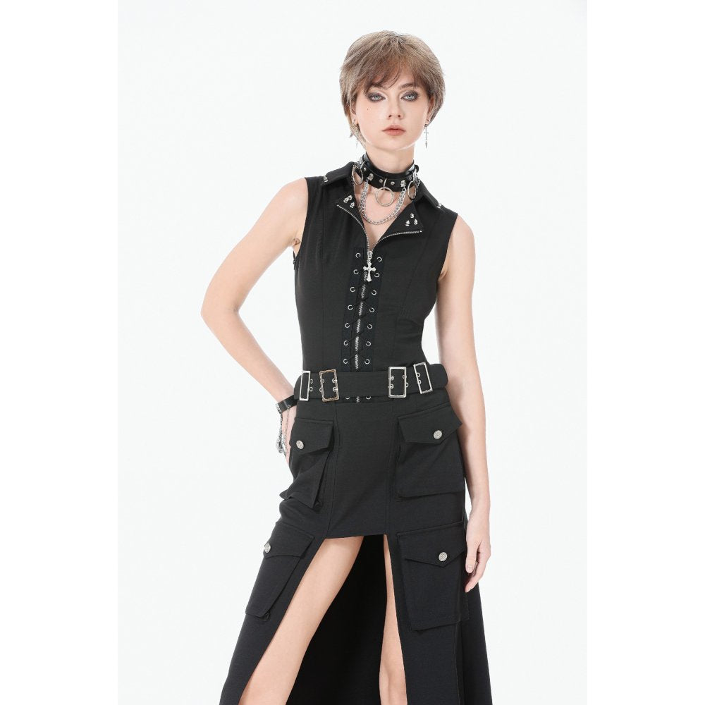 Dark in Love Black Punk Long Skirt – Layered Cutout Belted Gothic Skirt