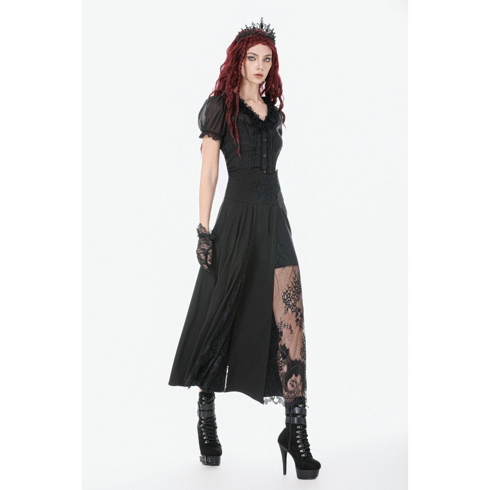 Dark in Love Gothic Long Skirt – High Waist Lace Inset Flowing Skirt