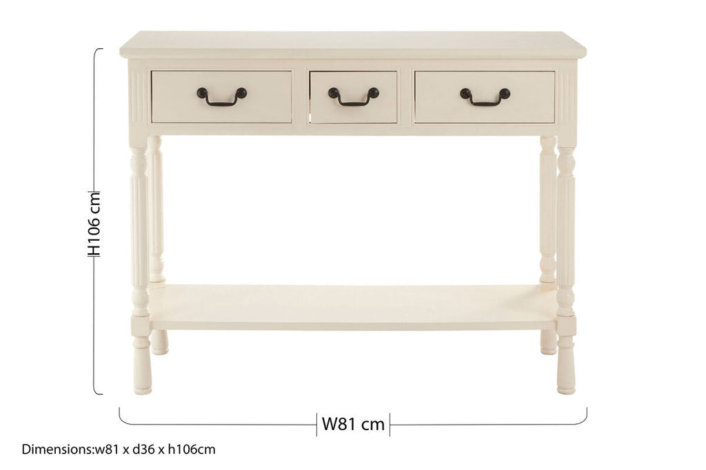 Orsina Heritage Console Table – 3-Drawer Ivory Wood with Bottom Shelf