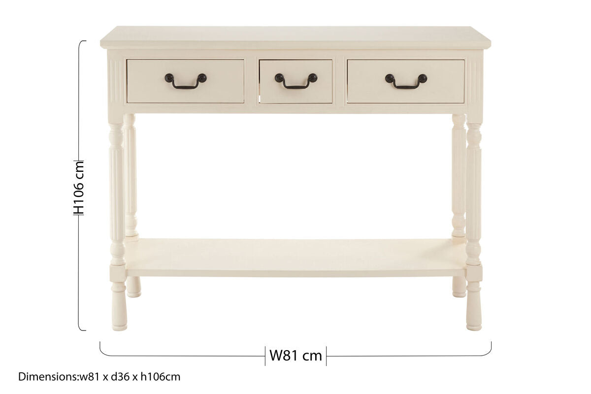 Orsina Heritage Console Table – 3-Drawer Ivory Wood with Bottom Shelf