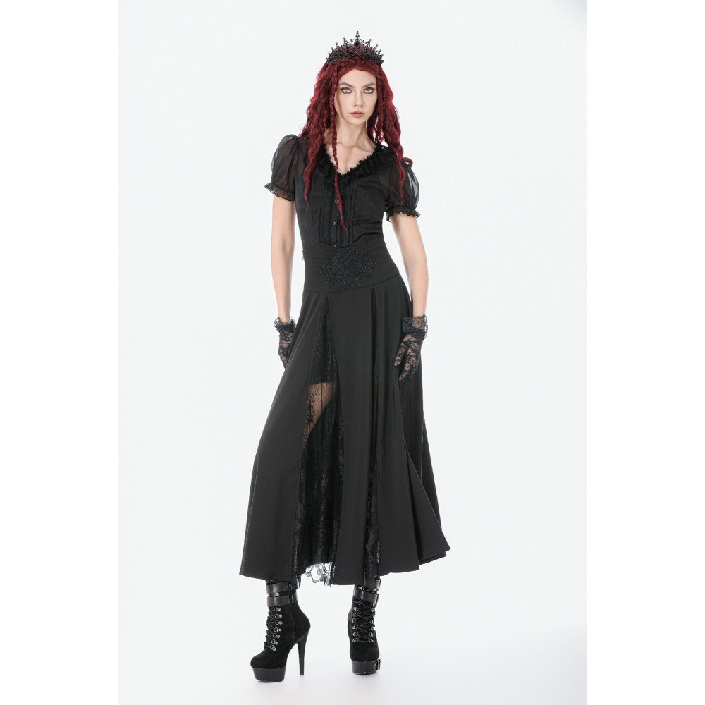 Dark in Love Gothic Long Skirt – High Waist Lace Inset Flowing Skirt
