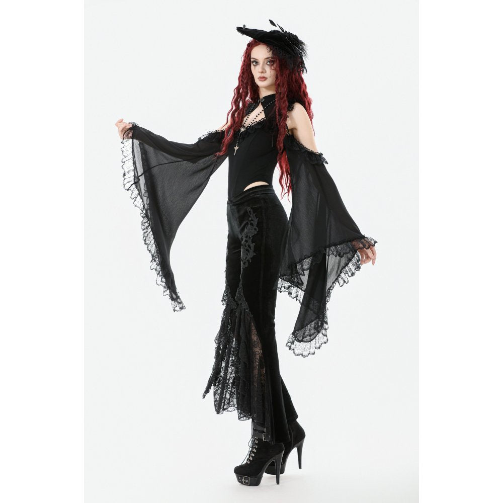 Dark in Love Erzebeth Black Velvet Lace Flare Trousers – Gothic Style