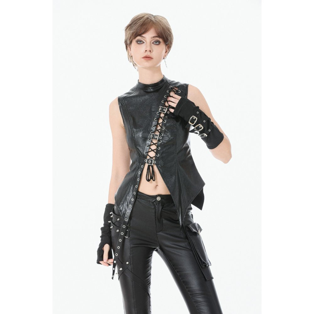 Dark in Love Black Distressed Leather-Look Lace-Up Punk Vest Top