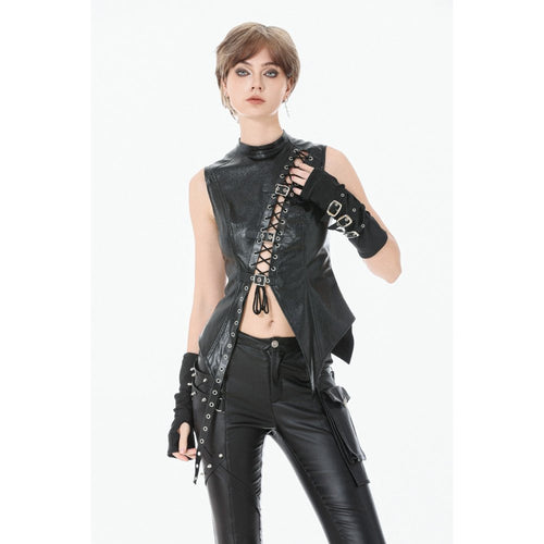 Dark in Love Black Distressed Leather-Look Lace-Up Punk Vest Top