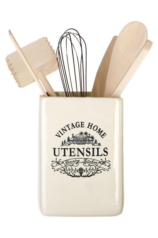 Orsina Vintage Home Square Ceramic Utensil Holder with 6 Tools - Cream