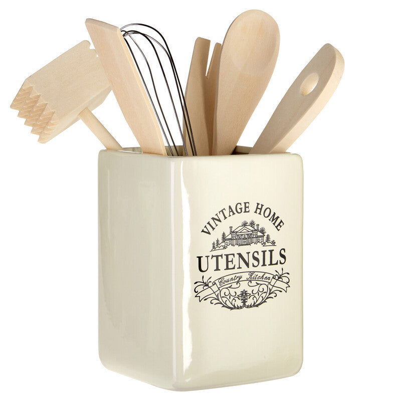 Orsina Vintage Home Square Ceramic Utensil Holder with 6 Tools - Cream