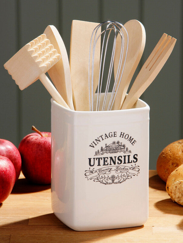 Orsina Vintage Home Square Ceramic Utensil Holder with 6 Tools - Cream