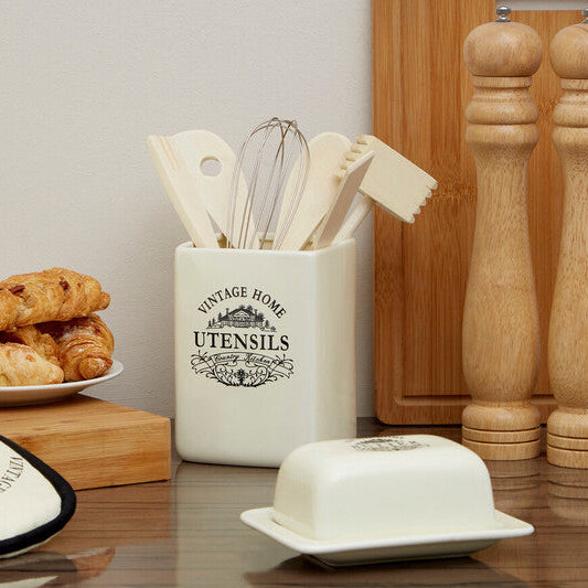 Orsina Vintage Home Square Ceramic Utensil Holder with 6 Tools - Cream