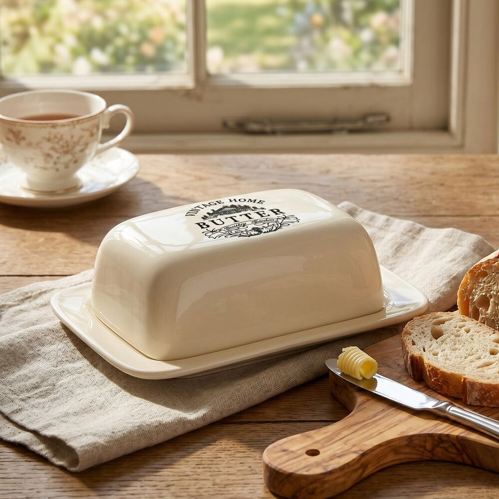 Orsina Vintage Home Cream Ceramic Butter Dish with Lid - Tableware