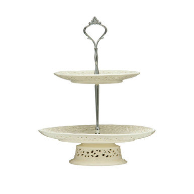 Orsina 2-Tier Ceramic Lace Cake Plate | Cream Vintage Dessert Stand