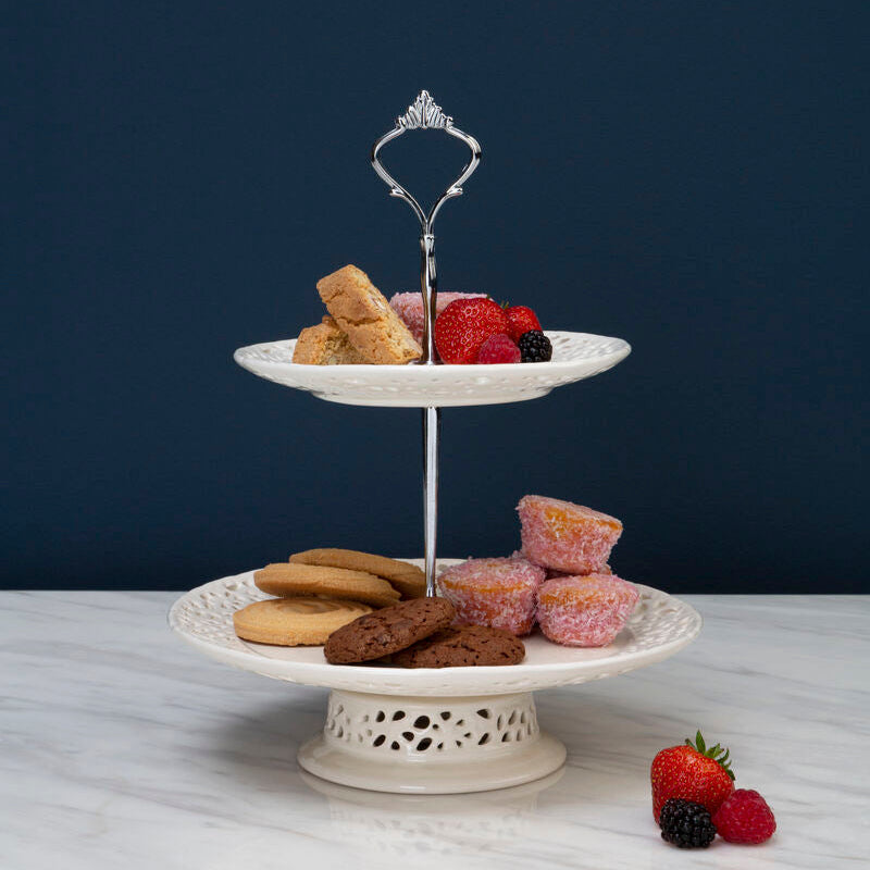 Orsina 2-Tier Ceramic Lace Cake Plate | Cream Vintage Dessert Stand