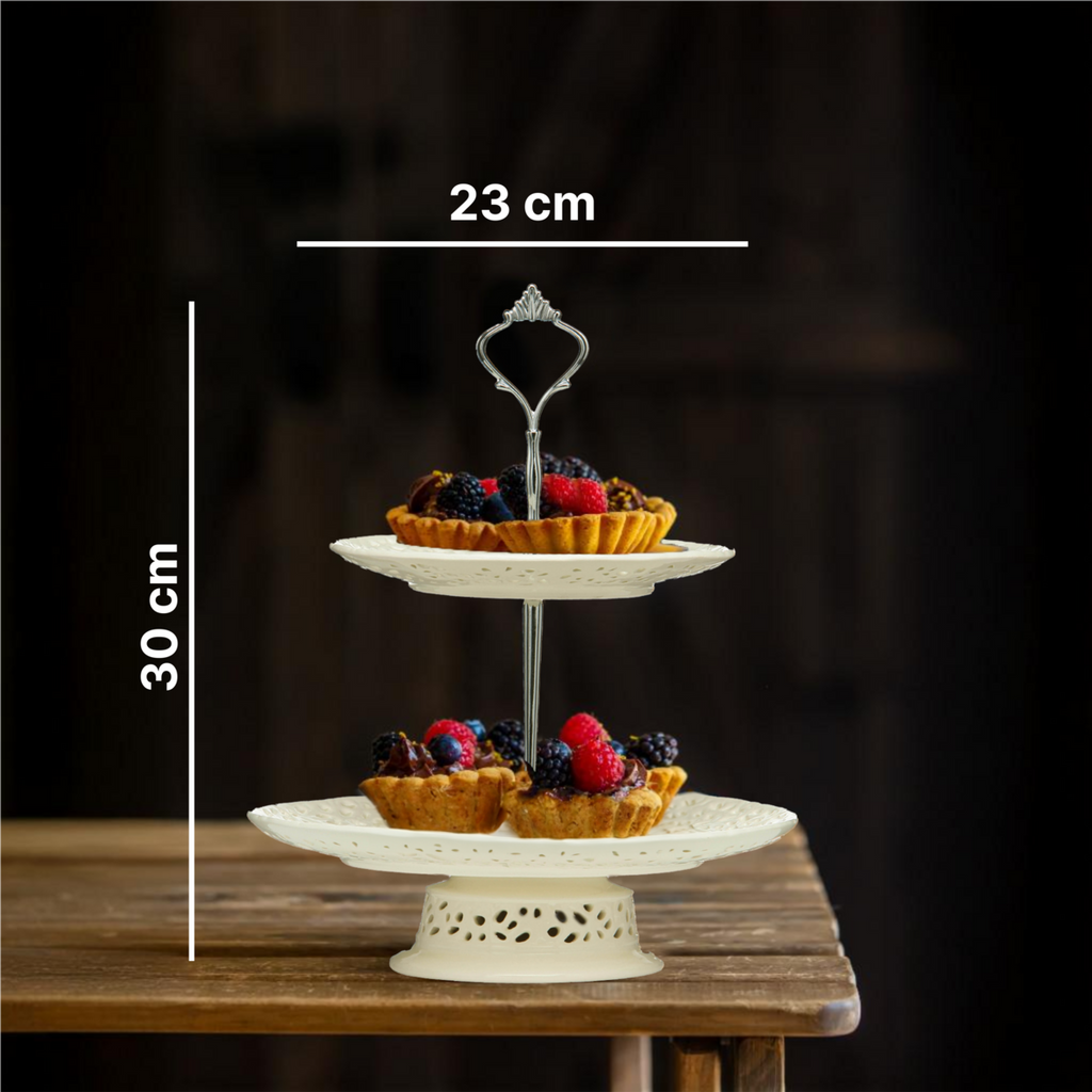 Orsina 2-Tier Ceramic Lace Cake Plate | Cream Vintage Dessert Stand