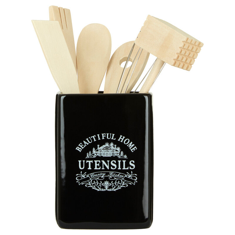 Orsina Vintage Home Black Ceramic Utensil Holder with 6 Cooking Tools