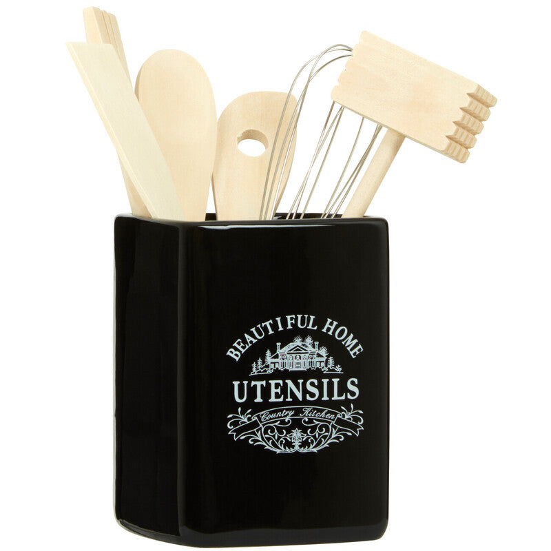 Orsina Vintage Home Black Ceramic Utensil Holder with 6 Cooking Tools
