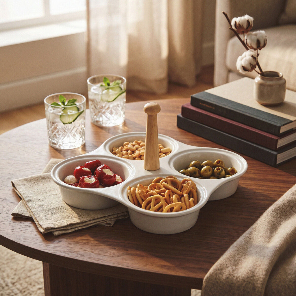 Orsina Dela 4 Section White Ceramic Snack Dish | Modern Serving Platter