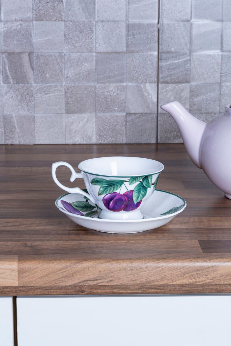 Orsina Orchard Fruits Sugar Plum Bone China Tea Cup and Saucer Set