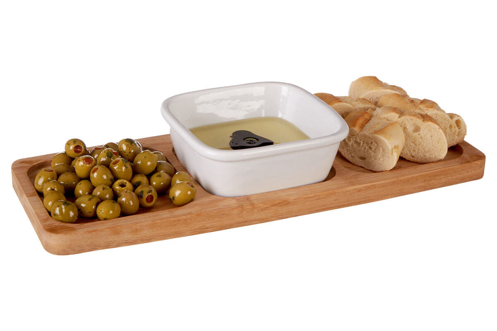 Orsina Aleki Bamboo Snack Tray with Porcelain Dipping Bowl – 2 Piece Set